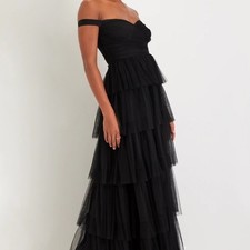 Lulus Black Off Shoulder Tiered Tulle Maxi Dress Size Small Goth Chic Whimsy