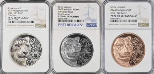 3 2024 Mongolia Snow Leopards 1oz Silver 2oz Black Proof 50g Copper NGC PF 70 UC