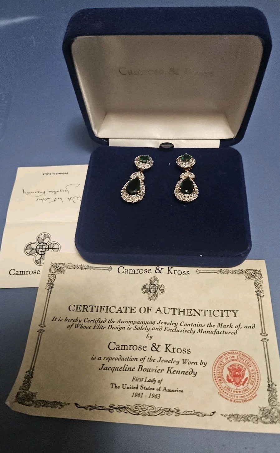 Camrose & Kross JBK Jacqueline Kennedy Green Crystal Drop Earrings NIB COA