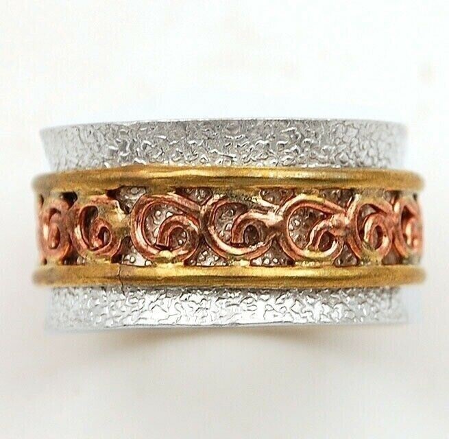 Three Tone Meditation Spinner 925 Solid Sterling Silver Band Ring Sz 7.5