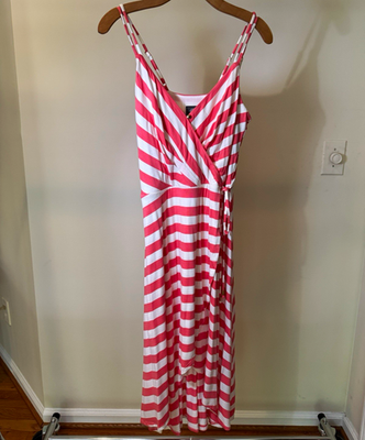 #ad Vince Camuto Wrap Maxi Dress Pink White Striped V Neck Tie Waist Sleeveless S $65.00