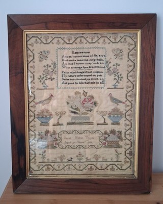 Fine English Antique Needlework Sampler by Sarah Hellen Turvey Aged 9 Dated 1836
