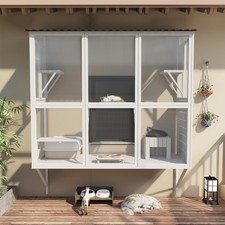 67" L Window Catio Outdoor Cat Enclosure White Waterproof Wooden Cat House