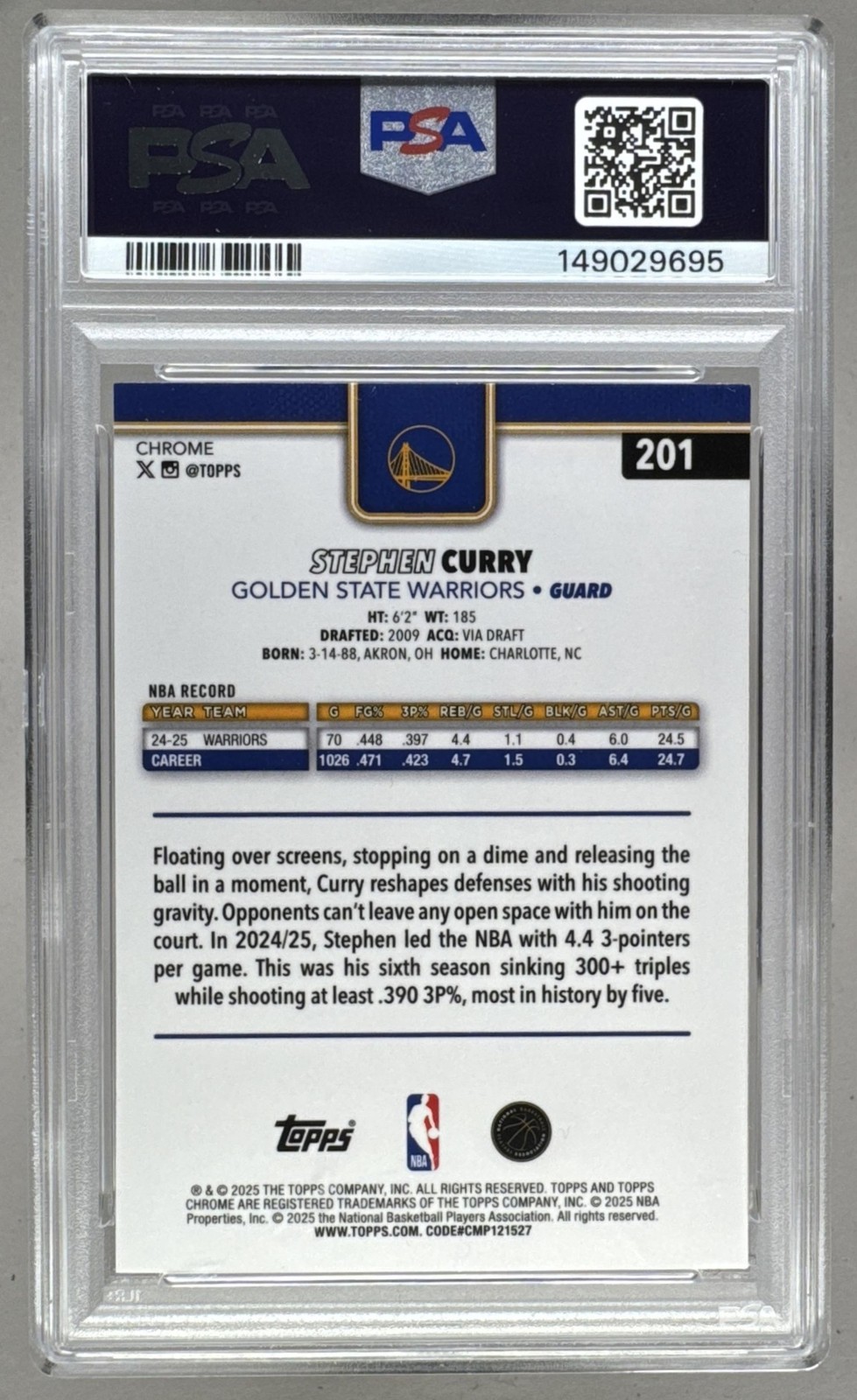149029695 Stephen Curry 2025 Topps Chrome #201 Yellow Refractor /275 PSA 10 view 2
