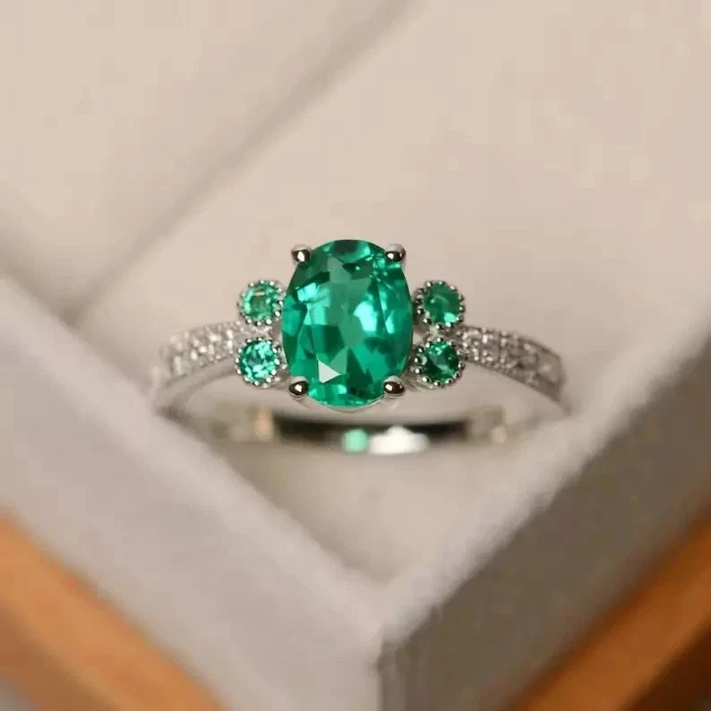 Engagement Ring 14K White Gold Plated 2Ct Oval Cut Lab Created Emerald - Image 3 of 4