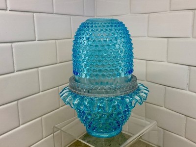 L.G. WRIGHT 4 Piece Hobnail Fairy Lamp Light Aqua Blue Made By Fenton