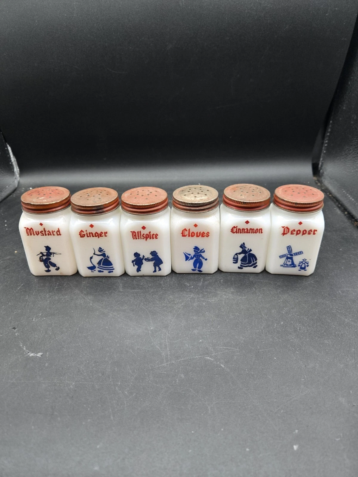 Vintage Dove White Milk Glass Spice Shaker Jar Set Dutch Theme No Rack 1950s