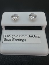 14K Yellow Gold Stud Earrings 6mm AAA CZ Studs No Backs
