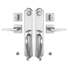 Front Door Handle Double Door Lock Set with Camelot Trim in Satin Nickel