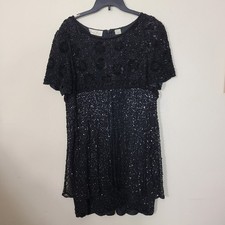 Lawrence Kazar Womens PL Silk Black Sequin Beaded Dress Vintage Formal Prom
