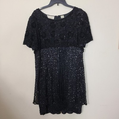 Lawrence Kazar Womens PL Silk Black Sequin Beaded Dress Vintage Formal Prom