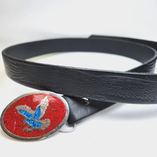 Vintage Flying Eagle Belt Buckle w Tooled Embossed Bald Eagle Leather Belt 49"