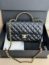 Chanel 23K Classic Flap w/Top Handle Gold Hardware Black Lambskin [Duties Paid]