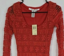 Max Studio NWT Womens Bodycon Sheath Dress Ruffle & Lace 3/4 Sleeve Coral SZ XS