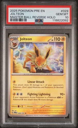 2025 POKEMON PRISMATIC EVOLUTIONS MASTER BALL REVERSE HOLO #029 JOLTEON PSA 10