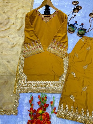 Fashionable Yellow French Crepe Kurta Palazzo With Organza Dupatta For Women - Picture 15 of 15