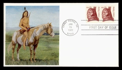 DR WHO 1982 FDC INDIAN CRAZY HORSE FREDA DICKIE SIGNED CACHET PAIR M75636