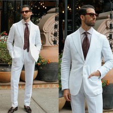 Linen Men's Suits Peak Lapel Wedding Groom Tuxedo Summer Beach Slim Fit 2 Piece