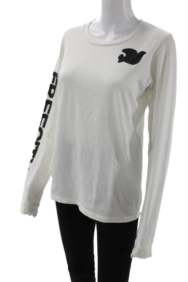 FREE CITY Womens Long Sleeve Graphic Cotton Crew Neck T Shirt White Size S - Image 2 of 4