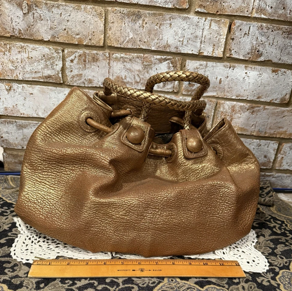 Fatto A Mano by Carlos Falchi Gold Leather Large Handbag Bag Purse - Image 4 of 4