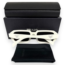 Prada Sunglasses SPR A12F 17K-08Z Polished Creamy White Silver Logo with Case