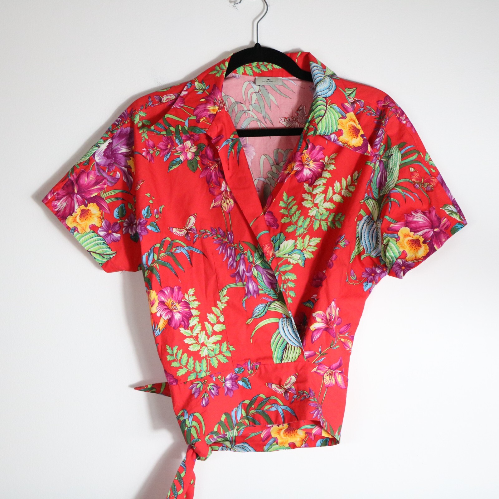 Etro Floral Wrap Blouse Womens 44 US 8 Red Tropical Short Sleeve Cotton Boho