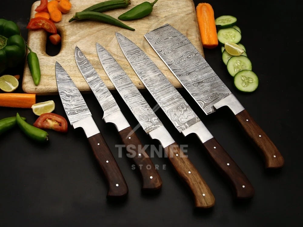Hand Forged Damascus Steel Chef Knife Set, Kitchen Knives with Rose Wood handle