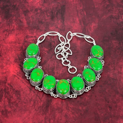 Green Copper Turquoise Gemstone Handmade 925 Sterling Silver Jewelry Necklace - Picture 4 of 6