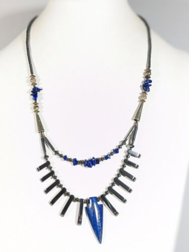 Gunmetal Gray Blue Lapis Lazuli Triangle Hematite Stone Bar Layered Necklace