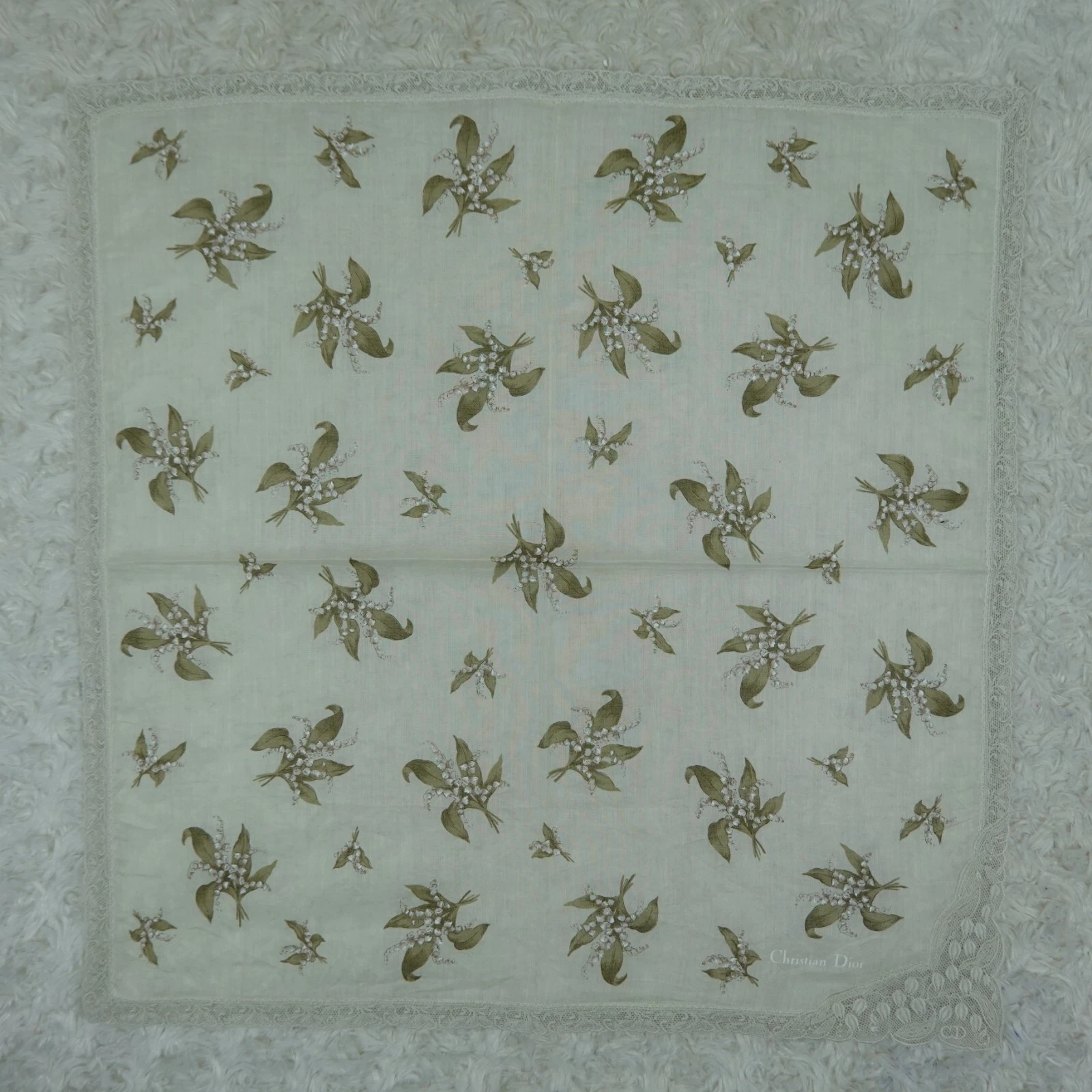 CHRISTIAN DIOR écharpe coton ivoire fleur foulards poche carré 17