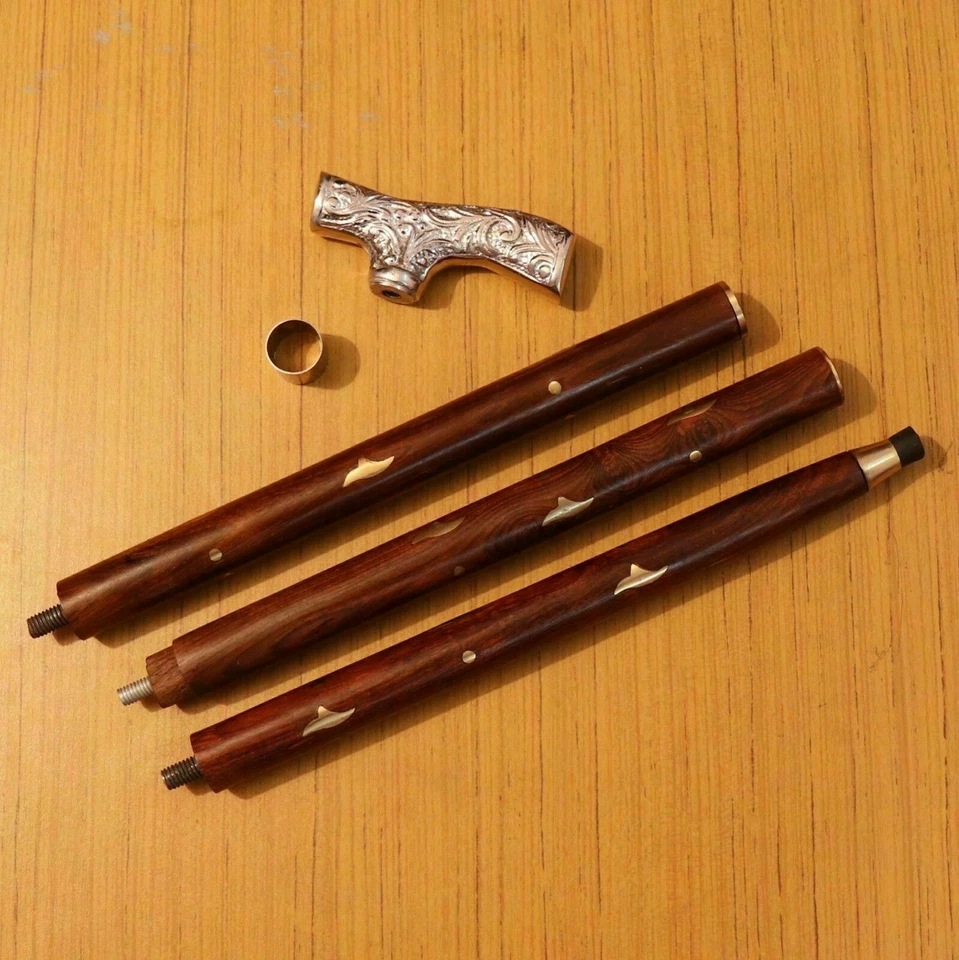 Bastón de madera vintage con mango derby cromado de diseñador hecho a mano  Foto 3 de 3