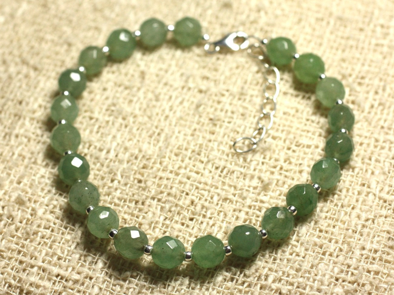 Bracelet en argent 925 et aventurine verte facettée de 6mm de qualité supérieure