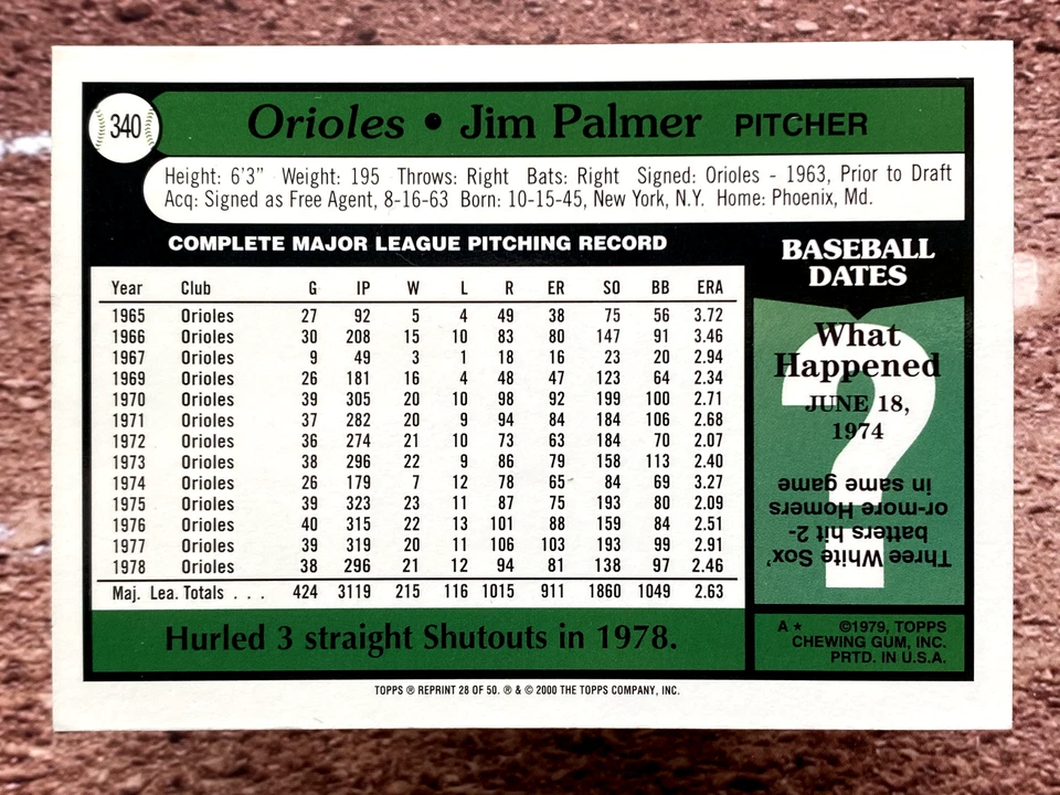 2001 Topps Through The Years Reprints Jim Palmer #28 - Image 2 of 2