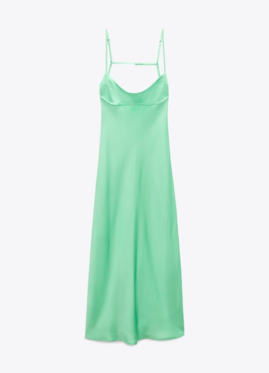mint green satin dress zara SATIN EFFECT MIDI DRESS - Lime green