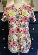 GT Performance Womens Scrub Shirt Pink, White, Green geometric pattern Small