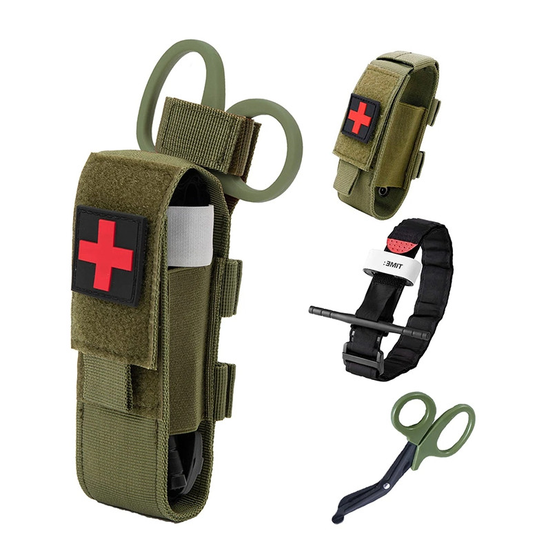 Kit garrot tactique kaki avec porte-garrot scratch et ciseaux médicaux
