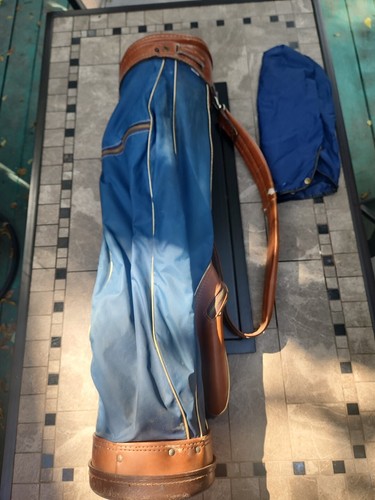 Vintage Hot-Z Golf Bag Blue With Brown Leather Original Snap On Rain Club Cover - Picture 7 of 13