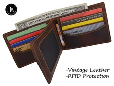 RFID Blocking Mens Genuine Leather Black Flap Credit Card ID Holder Slim Bifold