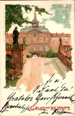 LITHO GRUß AUS RASTATT SCHLOSS KÜNSTLERKARTE SIG. BOLLINGER COL. 1909