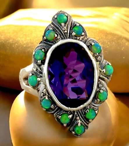 VICTORIAN STYLE 925 SILVER 6 Ct LAB-CREATED AMETHYST & GREEN FIRE OPAL RING  521