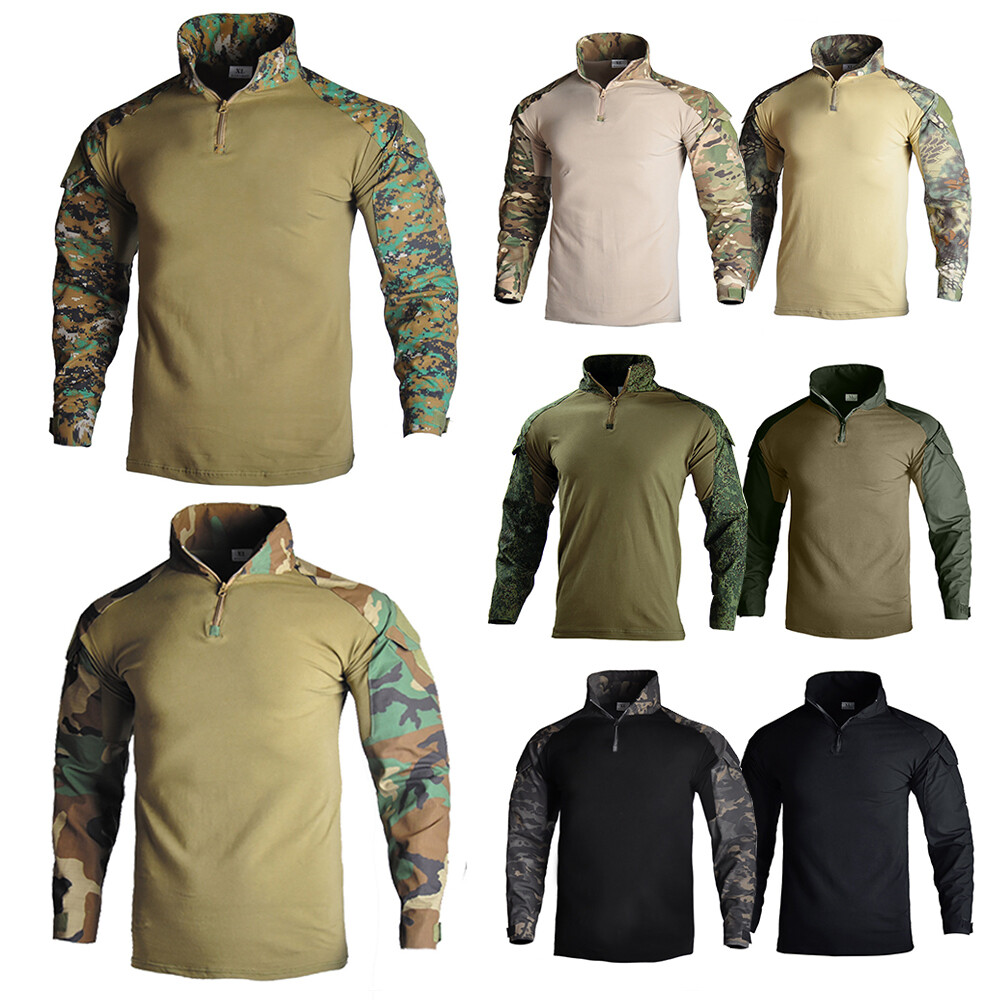 Para Hombres Ejército Táctico Militar Uniforme Camuflado Combate Mangas Largas 1/4 Cremallera Camiseta Para