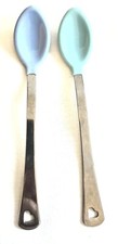 Vintage 2 Munchkin Baby Spoons Blue And Green Heart Cutout Stainless Steel