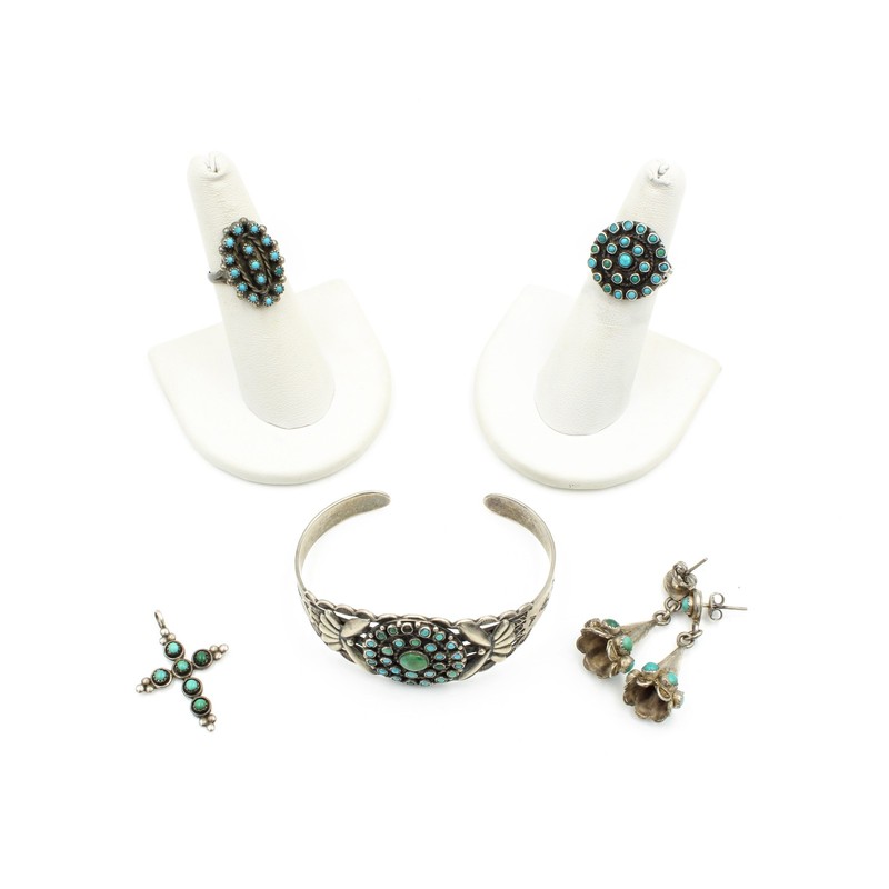 Southwest Signed Sterling Turquoise Snake Eye Cuff Ring Earring Lot of 5 S5419-4