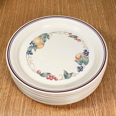 Corning Corelle ABUNDANCE Set of 2 Dinner Plates -10.25'' FRUITS Blue Maroon Band