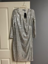 Nasty Gal Silver Sequin Wrap Midi Dress, Size 8, NWT