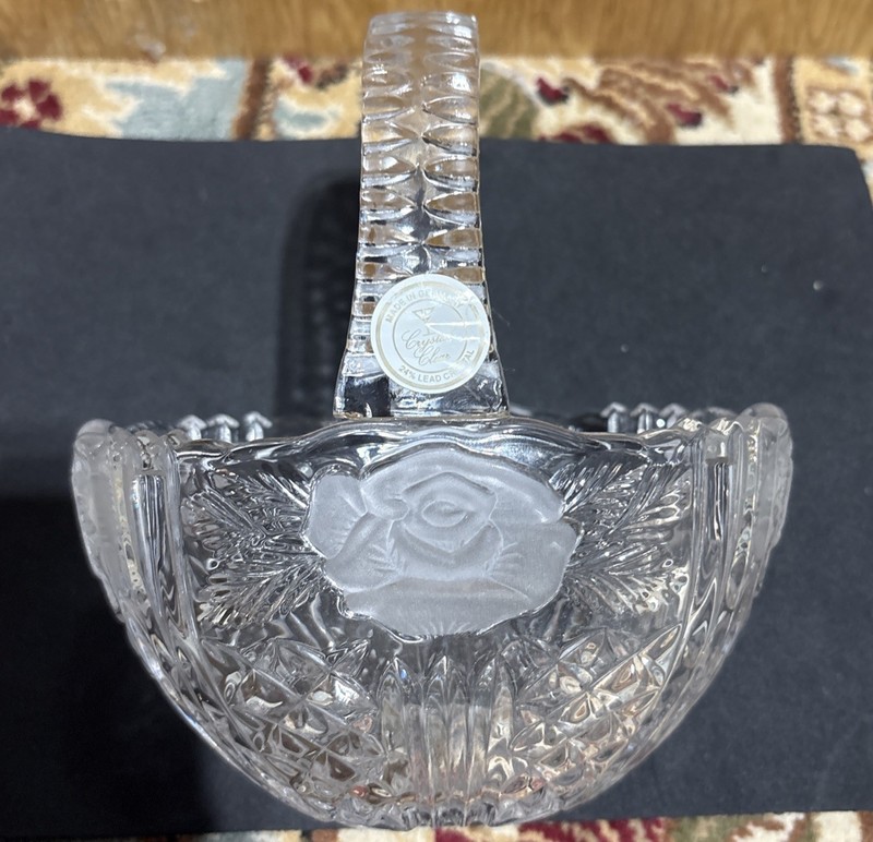 CRYSTAL CLEAR German FROSTED AND CLEAR CRYSTAL FLORAL DESIGN CUT BASKET