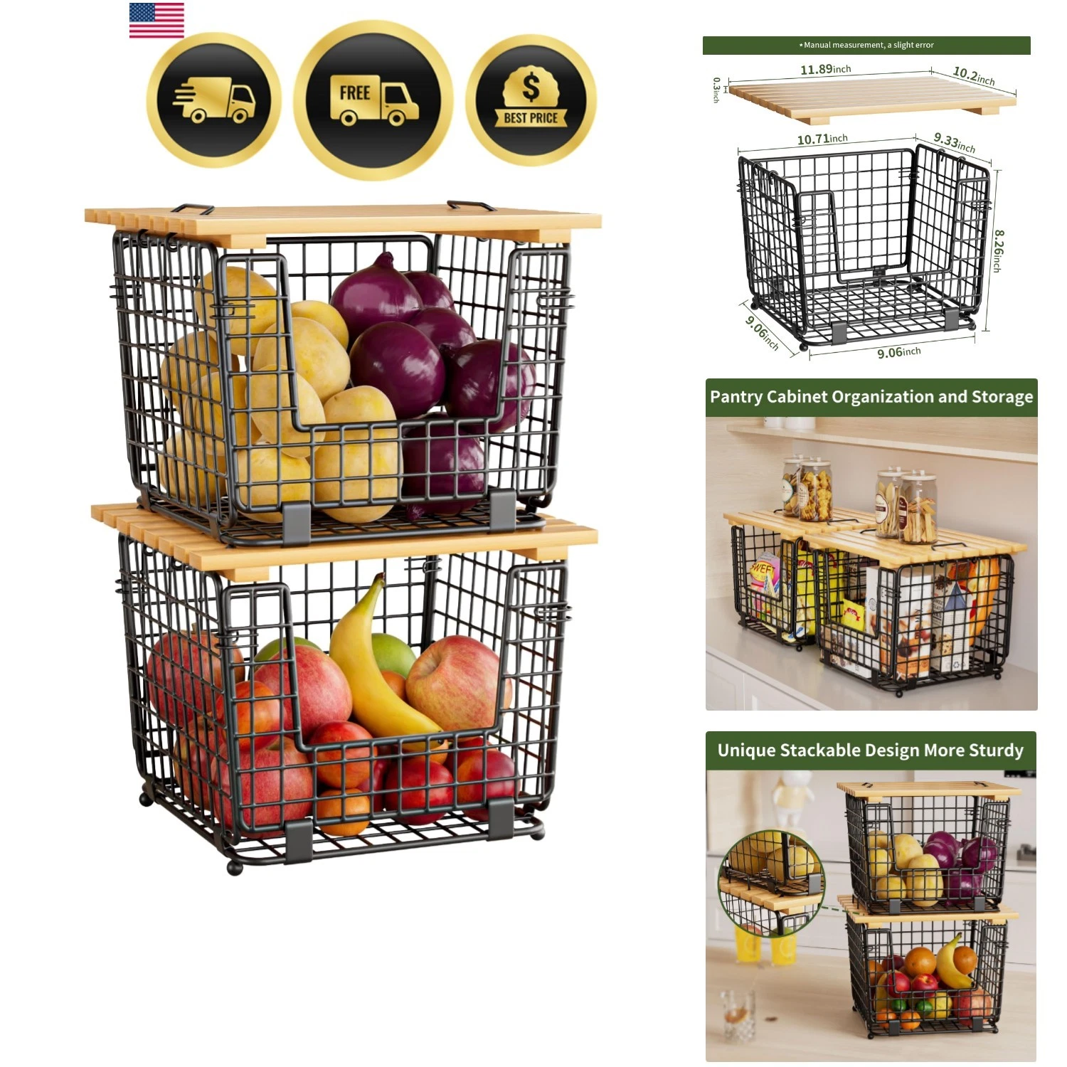 Wire Storage Basket for Kitchen Pantry: Stackable Kitchen Counter Organizers ...