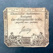 ~ 1793 France Assignat 50 Sols - French Revolution Banknote - FREE SHIPPING