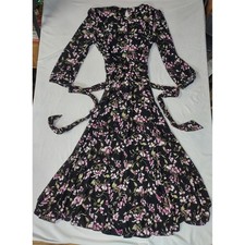Lauren Ralph Lauren Black Pink Floral Long Sleeve Midi Fit Flare Dress Size 2