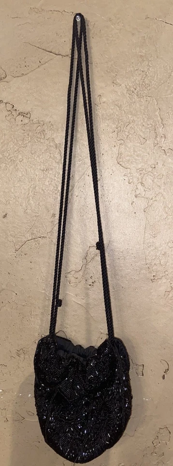 Cartera Art Deco con Cuentas Flor Cordón Bolso Negro De Colección Foto 2 de 4